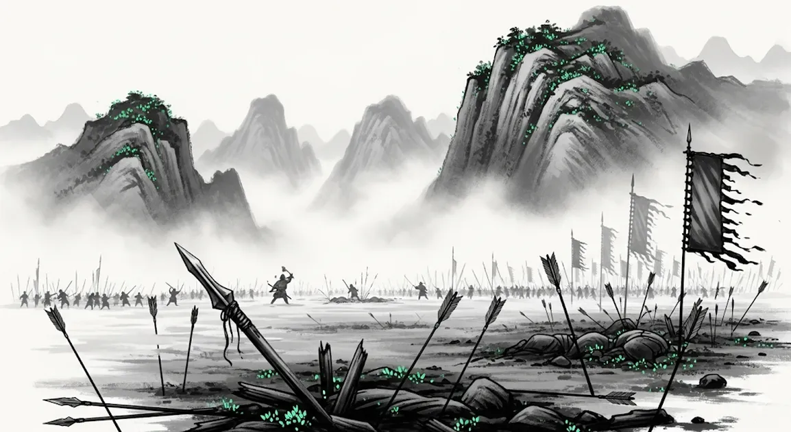 水墨画調で描いた中国の戦場の風景