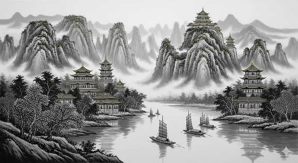 水墨画調で描いた古き良き中国の風景