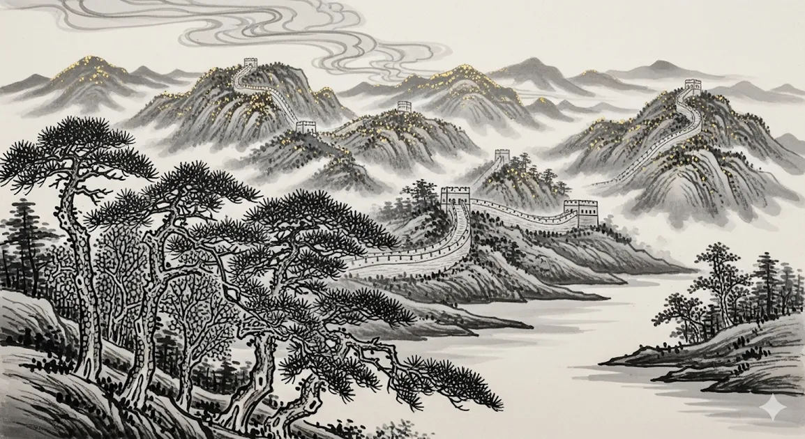 水墨画調で描いた古き良き中国の風景