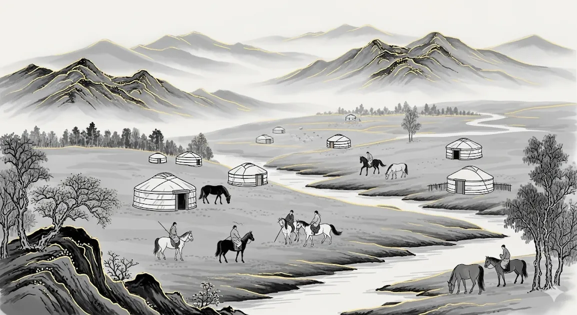 水墨画調で描いた古き良き中国の風景