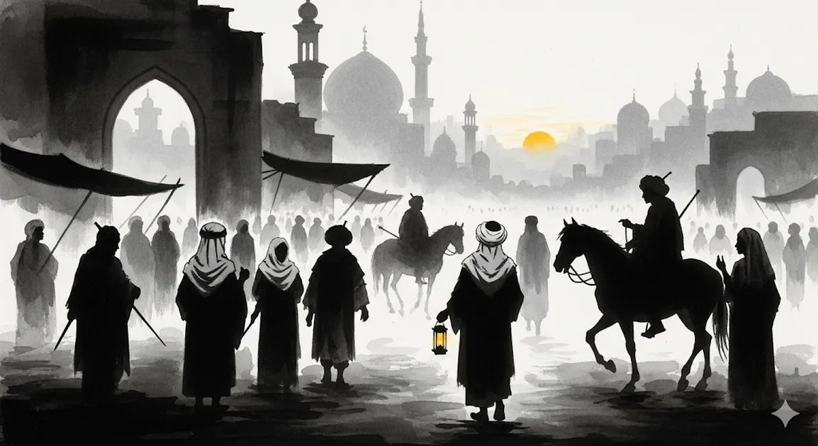 水墨画調で描いた中東の偉人のシルエット