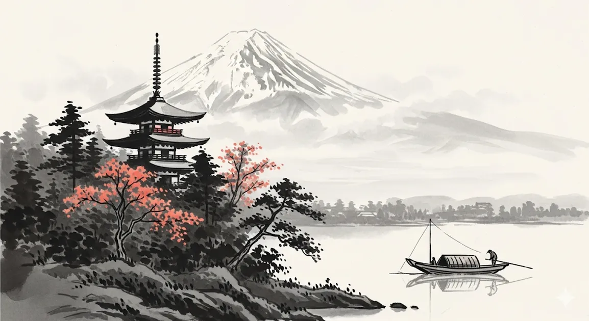 水墨画調で描いた古き良き日本の風景