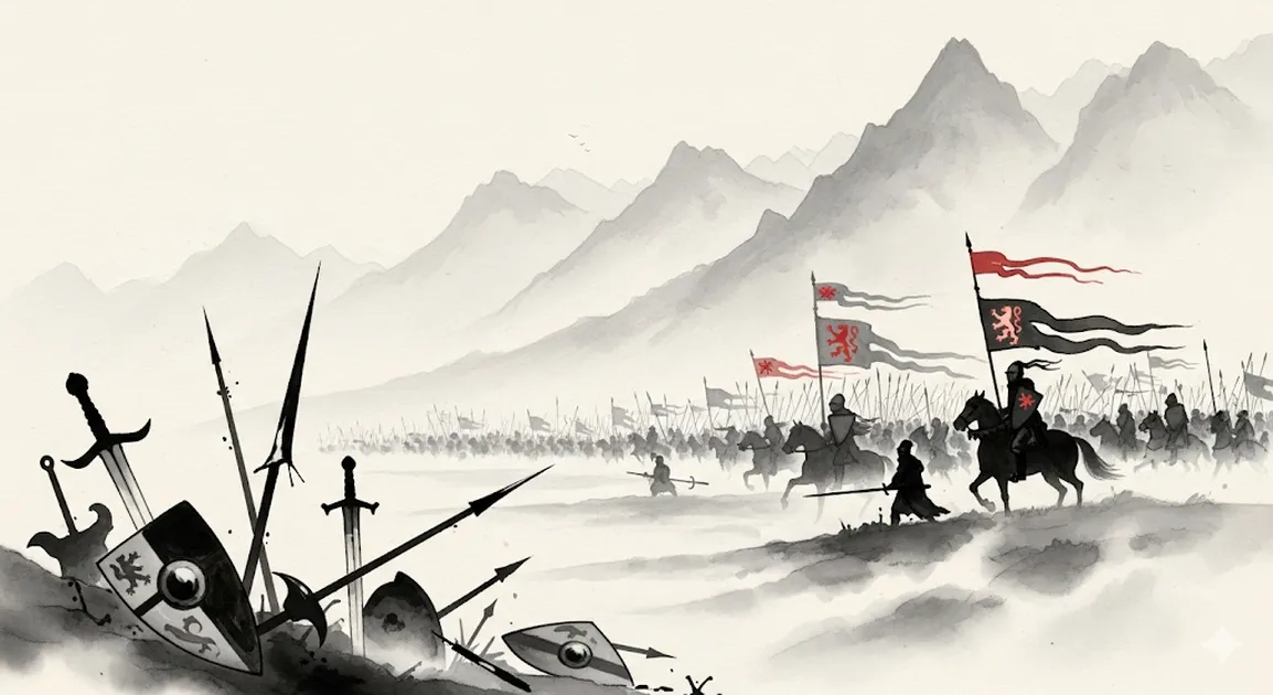 水墨画調で描いた欧州の戦場